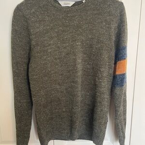 Solid Olive Sweater with Blue and Orange Stripes